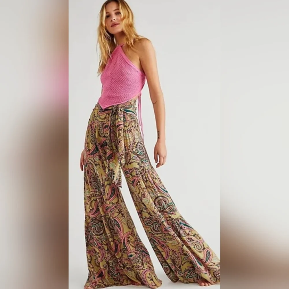 Free People One "ALOHA" Flowy PALLAZO High Waist Pants L Large - Picture 2 of 10